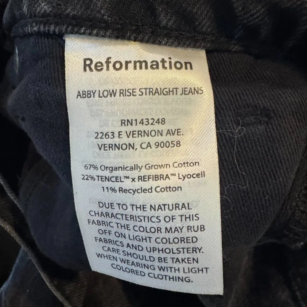 Reformation NWT Abby Low Rise Straight Jeans Black Trinity Wash Women’s 25